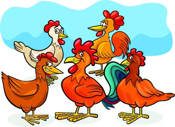 Tecknad Illustration Höns Och Tuppar Fåglar Farm Animal Teckengrupp — Stock vektor