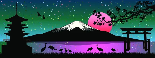 Dibujos Animados Paisaje Japonés Monte Fuji Mar Grullas Aves Pagoda — Vector de stock