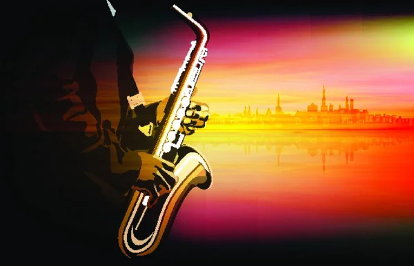 Abstraktní Zelená Ilustrace Saxofonistou Pozadí Panoráma — Stockový vektor