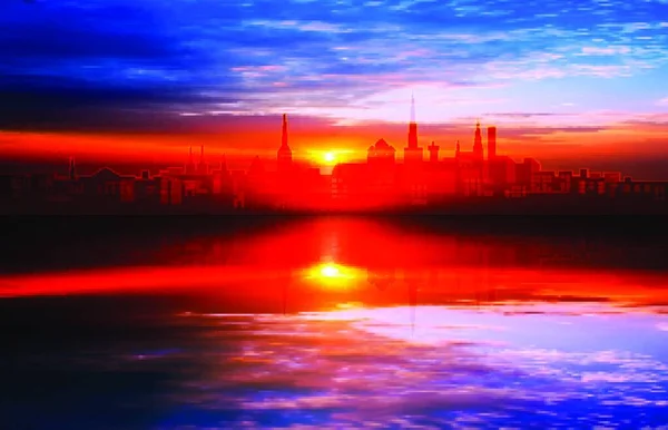 抽象城市插图与塔林在蓝色红色日出背景的剪影 — 图库矢量图片