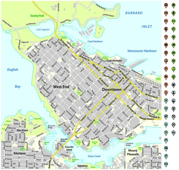 Mapa Rua Centro Vancouver Com Ponteiros Pino Ícones Infraestrutura —  Vetores de Stock