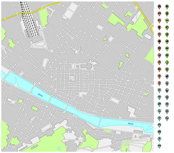 Mapa Rua Centro Florença Com Ponteiros Pino Ícones Infraestrutura —  Vetores de Stock