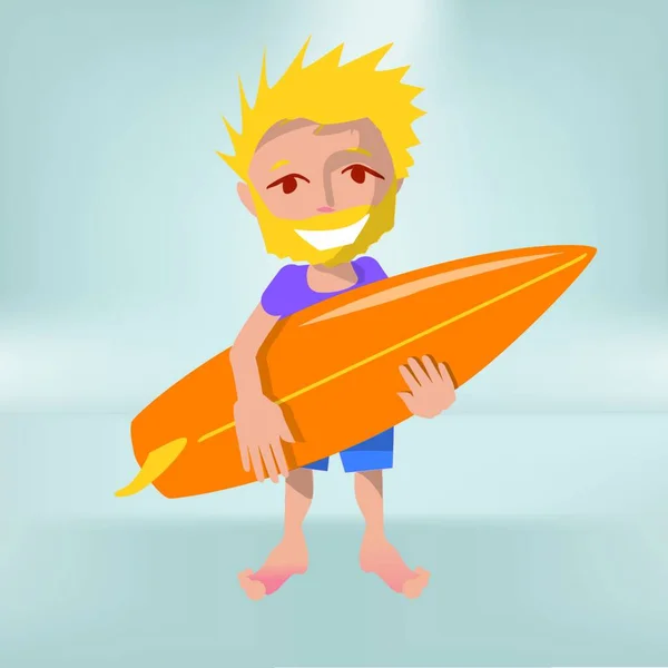 Pequeño Macho Como Surfista Con Una Tabla Surf — Vector de stock