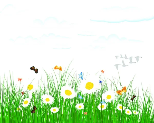 Summer meadow background with tulips. EPS 10 vector illustration with transparency and meshes.