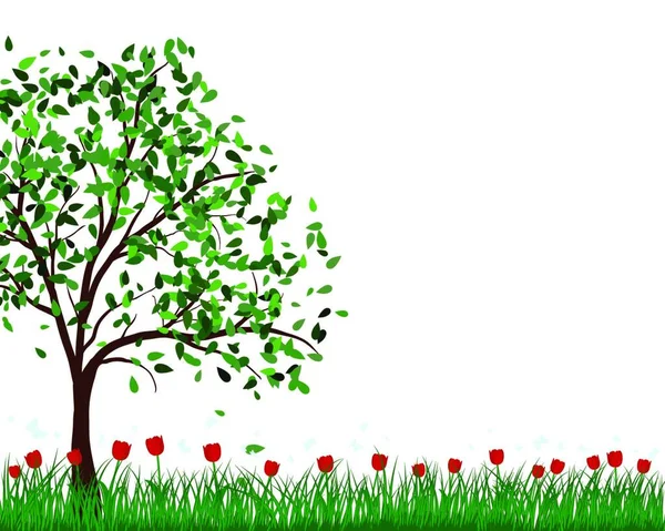 Illustrazione Vettoriale Una Bella Erba Verde Con Fiore Rosso — Vettoriale Stock