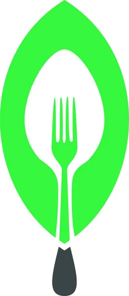 Fourchette Cuillère Avec Feuille Verte — Image vectorielle