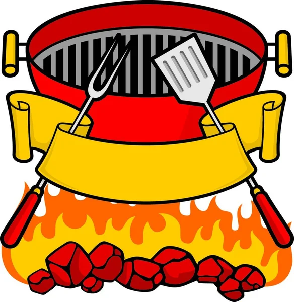 Parrilla Barbacoa Sobre Carbón Tenedor Espátula Llamas Con Banner Desplazamiento — Vector de stock