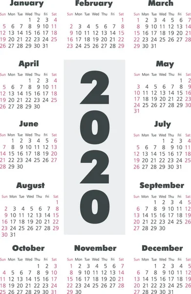 Calendário 2020 Ano Modelo Vetor Preto Branco Semana Começa Domingo — Vetor de Stock