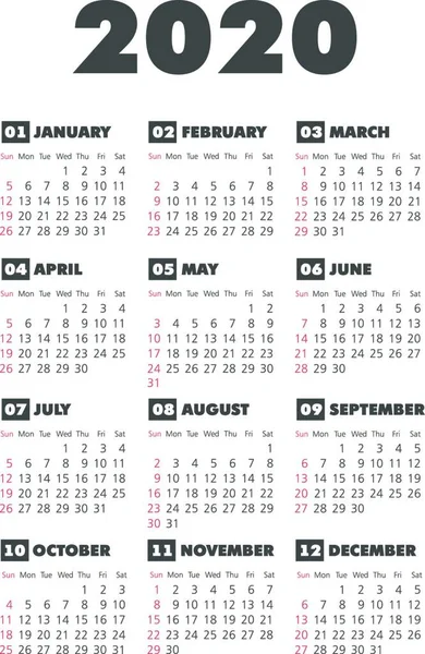 Kalender 2020 Jahr Schwarz Weiße Vektorvorlage Die Woche Beginnt Sonntag — Stockvektor