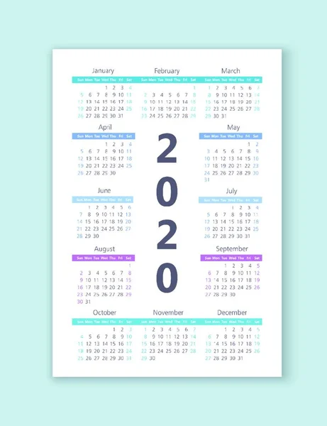 Kalender 2020 Mall För Färg Vektor Veckan Börjar Söndagen Grundläggande — Stock vektor