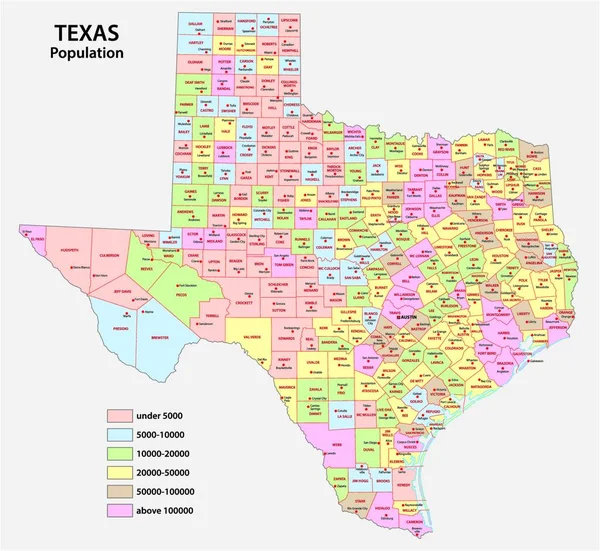 Administrativní Mapa Spolkové Země Texas Podle Hustoty Zalidnění — Stockový vektor