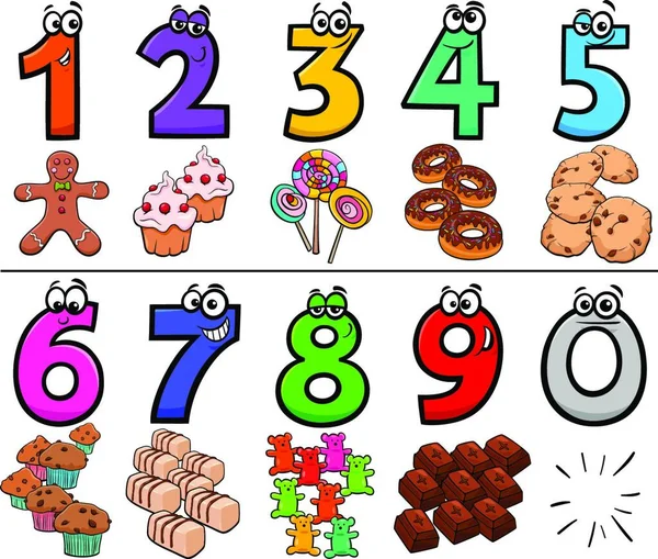 Cartoon Ilustracja Kolekcji Liczb Edukacyjnych Jednego Dziewięciu Sweet Food Objects — Wektor stockowy