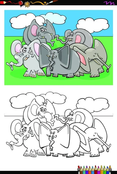 Dibujos Animados Ilustración Elefantes Divertidos Personajes Animales Coloring Book Activity — Archivo Imágenes Vectoriales