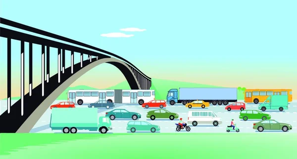 Autopistas Con Puente Tráfico Por Carretera — Vector de stock