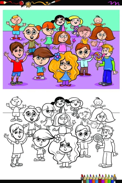 Dibujos Animados Ilustración Niños Divertidos Personajes Libro Para Colorear Actividad — Vector de stock