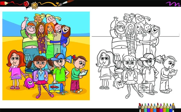 Ilustración Dibujos Animados Niños Felices Personajes Adolescentes Para Colorear Actividad — Archivo Imágenes Vectoriales