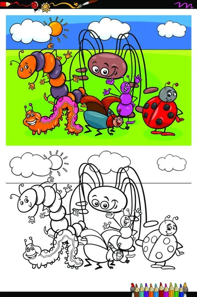 Komik Böcekler Böcekler Hayvan Karakterleri Boyama Kitap Etkinliği Karikatür Llüstrasyon — Stok Vektör