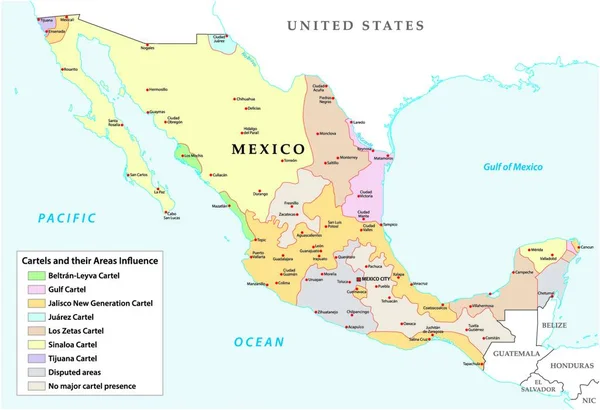 Karta Över Mexikanska Drogkarteller Och Deras Inflytandesfärer — Stock vektor