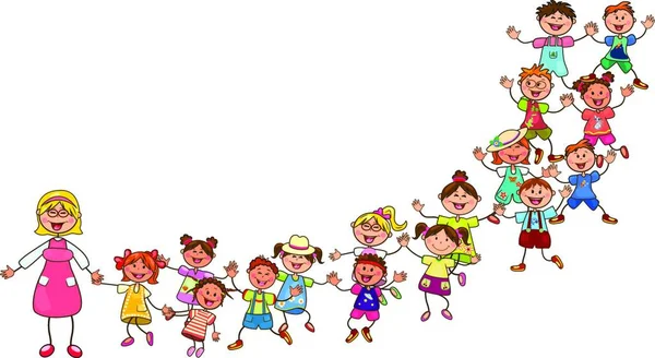 Niños Alegres Maestro Grupo Niños Con Maestro Paseo Grupo Niños — Vector de stock