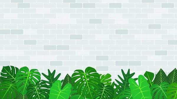 Décoration Feuilles Tropicales Sur Fond Mural Brique Blanche Illustration Vectorielle — Image vectorielle