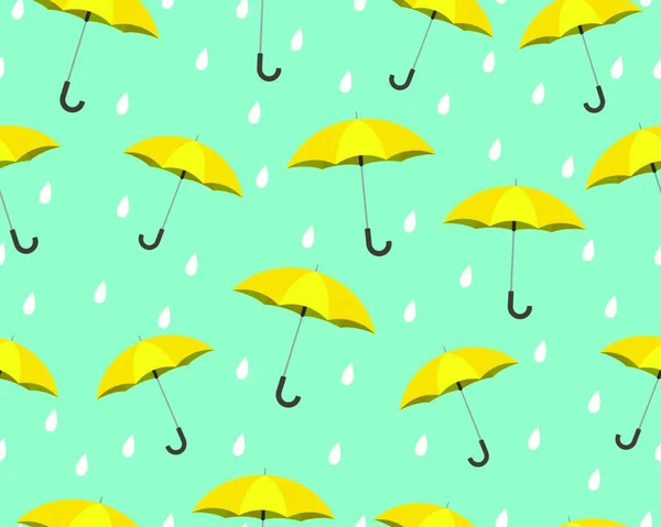 Seamless Pattern Yellow Umbrella Drops Raining Blue Background Vector Illustration — Stock Vector