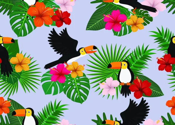 Patrón Sin Costuras Flores Tropicales Con Hojas Aves Tucanas Fondo — Archivo Imágenes Vectoriales
