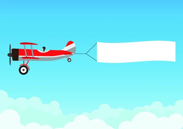 青い空に広告バナー付きのレトロ飛行機 ベクトルイラスト — ストックベクタ
