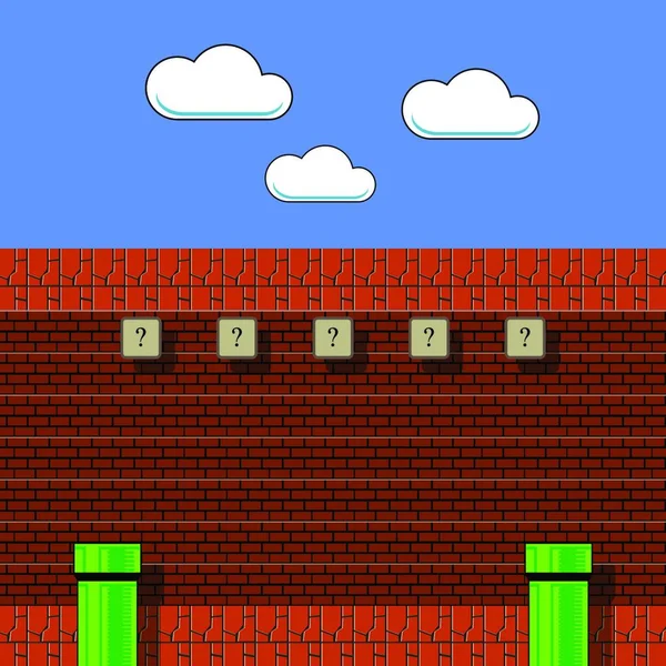 古いゲームの背景 グリーンパイプと赤レンガを使用したクラシックレトロなアーケードデザイン ピクセルビデオゲームの風景 ビデオゲームインターフェイス設計要素 — ストックベクタ