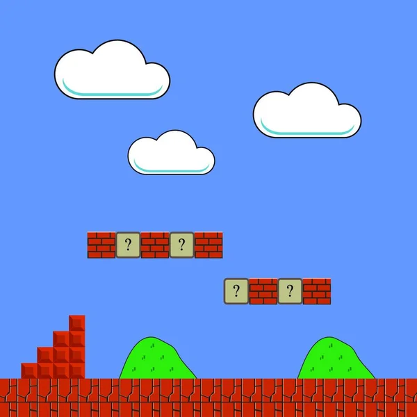 旧游戏背景 经典的复古街机设计与绿色管道和红砖 像素视频游戏场景 视频游戏界面设计元素 — 图库矢量图片
