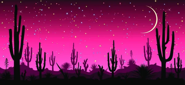 Wüste Kakteen Sternennacht Sternenklare Nacht Über Der Mexikanischen Wüste Silhouetten — Stockvektor
