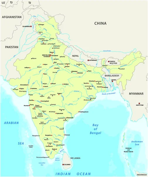 Karte Indiens Mit Den Größten Städten Und Flüssen — Stockvektor