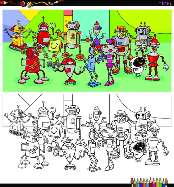 Cartoon Illustration Von Lustigen Robotern Und Droiden Fantasiefiguren Malbuch Aktivität — Stockvektor