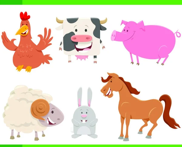 Desenhos Animados Ilustração Funny Farm Animal Comics Personagens Set — Vetor de Stock