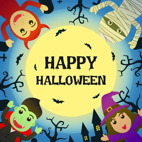 Happy Halloween Met Halloween Monster Kostuum Graveyard Volle Maan Achtergrond — Stockvector