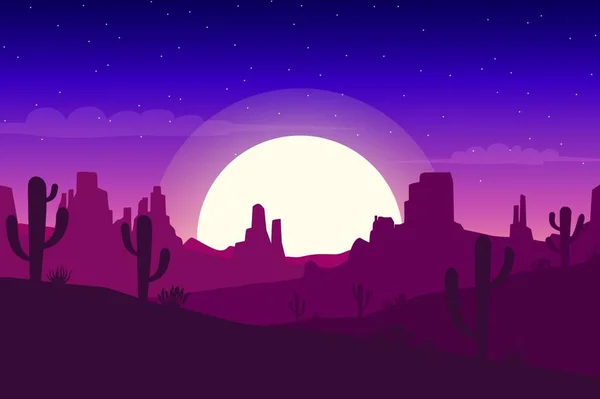 Woestijn Landschap Nachts Met Cactus Heuvels Silhouetten Achtergrond Vector Illustratie — Stockvector