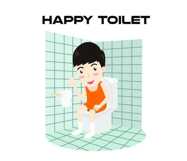 Dessin Animé Homme Heureux Assis Sur Une Toilette Souriant Isolé — Image vectorielle