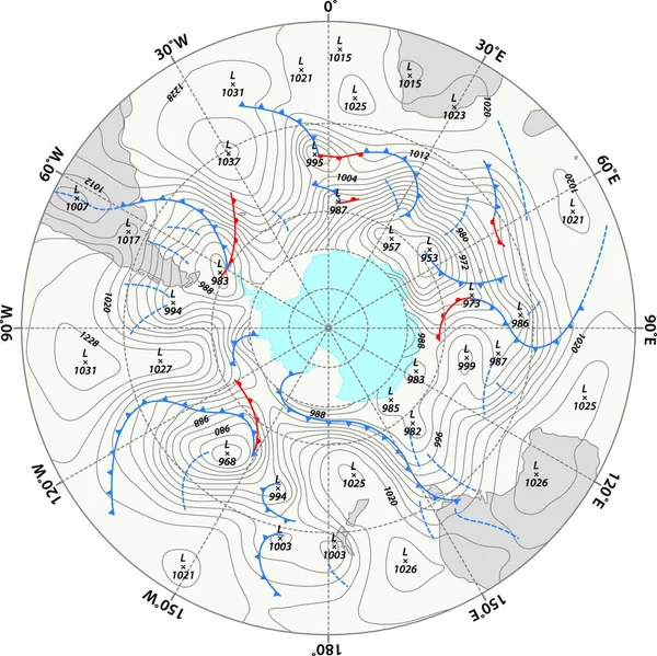 Mapa Meteorológico Imaginario Antártida Con Isobares Frentes Meteorológicos — Vector de stock