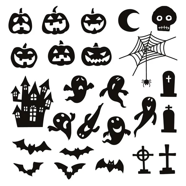 Conjunto Iconos Halloween Calabaza Casa Embrujada Fantasma Murciélago Araña Tumba — Archivo Imágenes Vectoriales