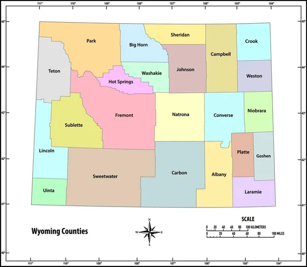 Estado Wyoming Esbozar Mapa Administrativo Político Color — Archivo Imágenes Vectoriales