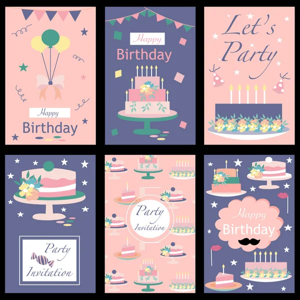 Carte Voeux Invitation Anniversaire Éléments Vectoriels Fête Gâteaux Pastel Mignons — Image vectorielle