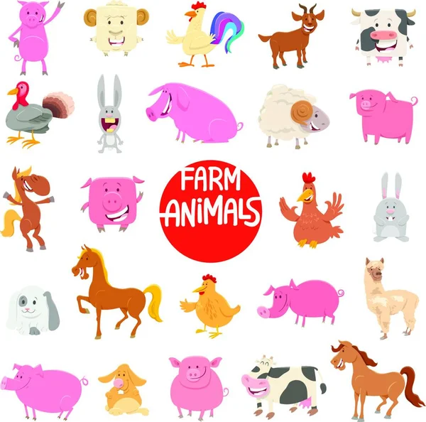 Karikatúra Illusztrációja Aranyos Vicces Farm Állat Karakterek Nagy Szett — Stock Vector