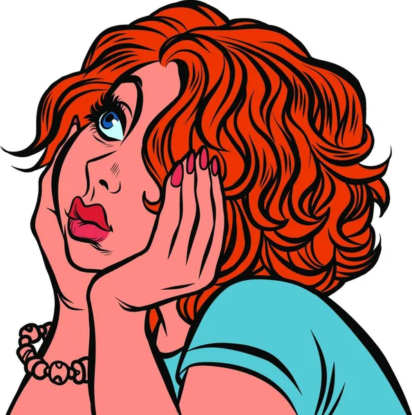 Red Haired Young Woman Sad Pop Art Retro Vector Illustration — Stock Vector