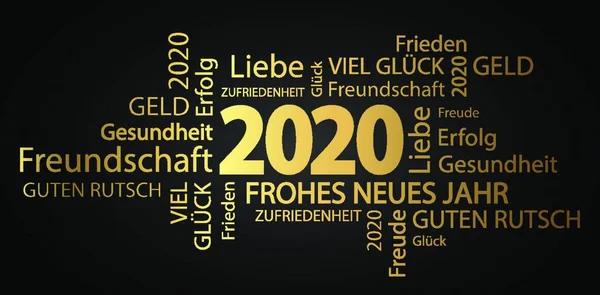 Wortwolke Mit Neujahrsgrüßen 2020 Gefärbt Gold Und Schwarzem Hintergrund — Stockvektor