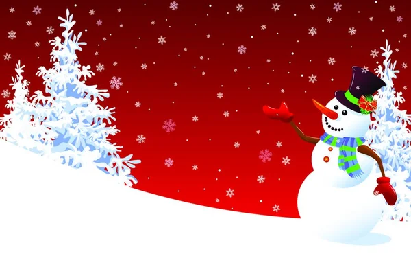 帽子の雪だるまが冬の背景に歓迎されます モミの木や雪の結晶を背景にした雪だるま — ストックベクタ