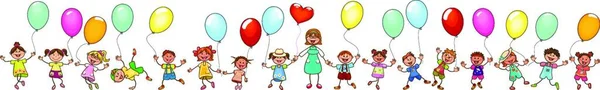 Radosne Dzieci Nauczycielka Grupa Szczęśliwych Uśmiechniętych Dzieci Balonami Grupa Dzieci — Wektor stockowy