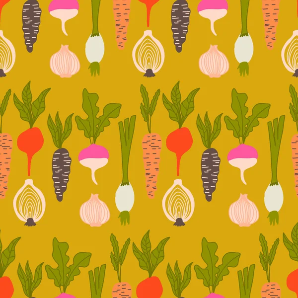 Légumes Racines Colorés Dans Design Sans Couture — Image vectorielle