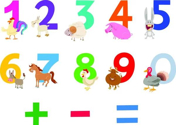 Cartoon Illustration Numbers Set Zero Nine Cute Farm Animal Characters — Stock Vector