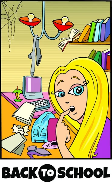 Cartoon Illustration Von Mädchen Grund Oder Teenageralter Und Chaos Ihrem — Stockvektor