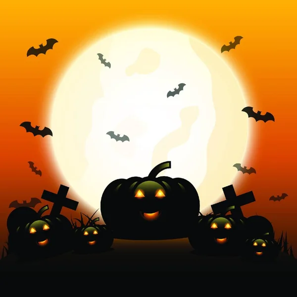 Nuit Halloween Avec Des Citrouilles Sous Lune Vecteur Stock — Image vectorielle