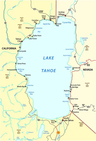 Mapa Jezera Tahoe Ležící Mezi Americkými Státy Kalifornie Nevada — Stockový vektor